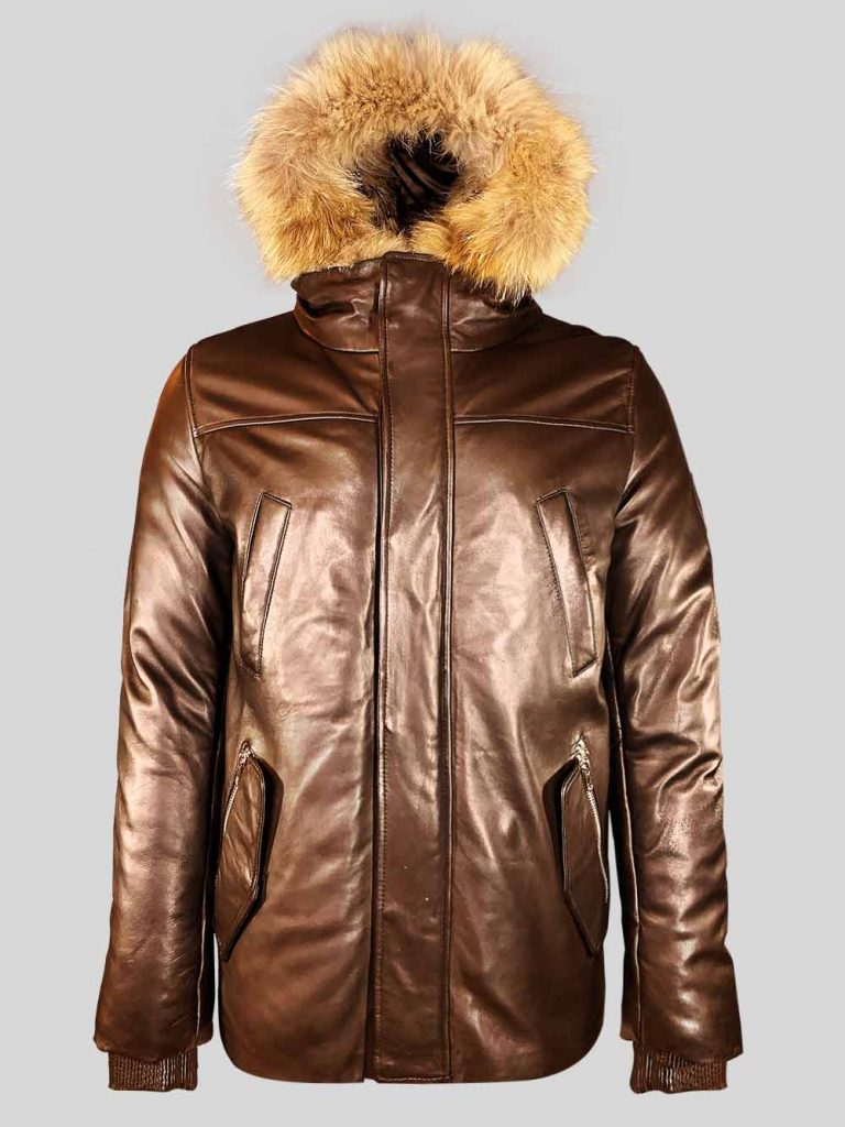 Home MEN PARKA MEN’S COFFEE REAL LEATHER PARKA WITH RACCOON TRIM ON HOOD