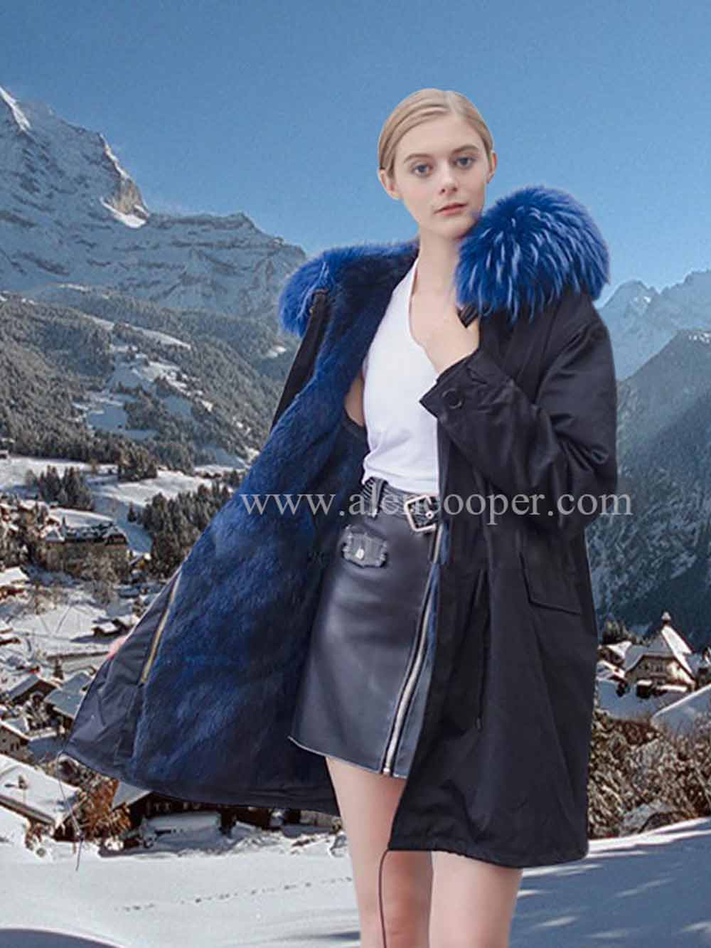 parka with blue fur hood