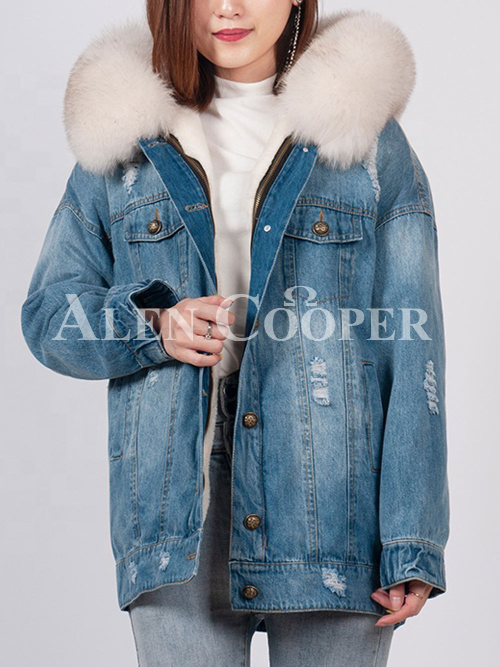 womens blue parka with fur hood