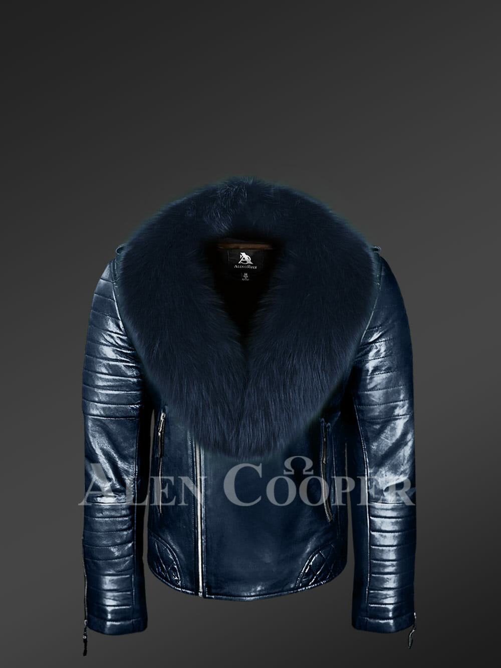 blue leather jacket with fur collar