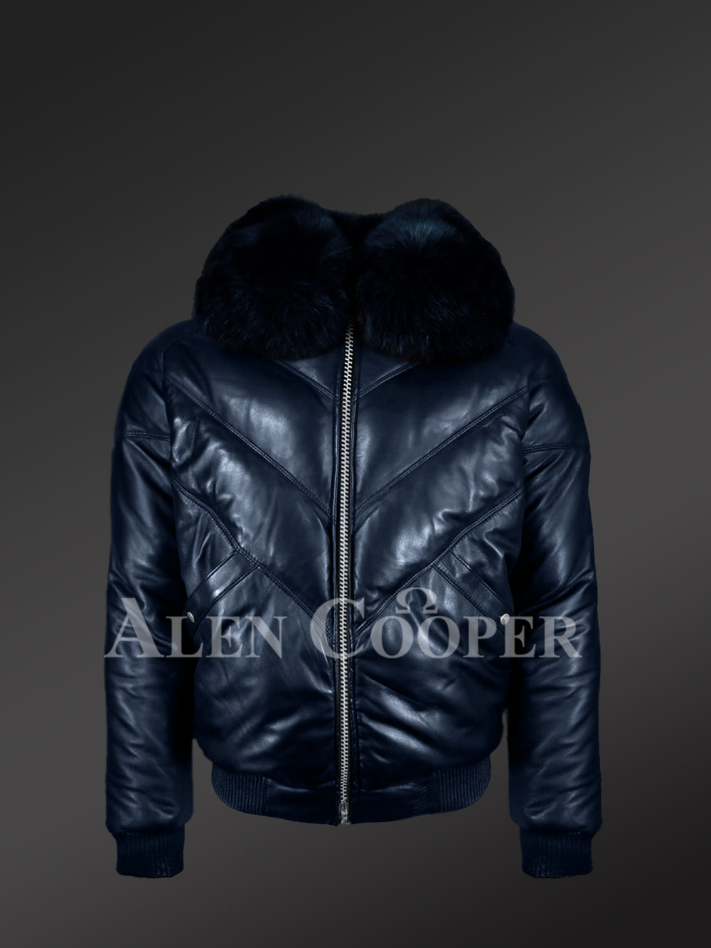 mens blue jacket with fur collar