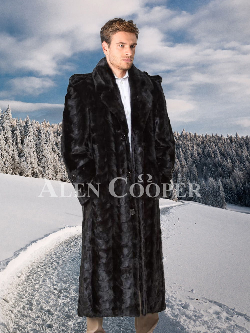 Authentic Mink Fur Super Warm Full Length Overcoat In Glossy Black