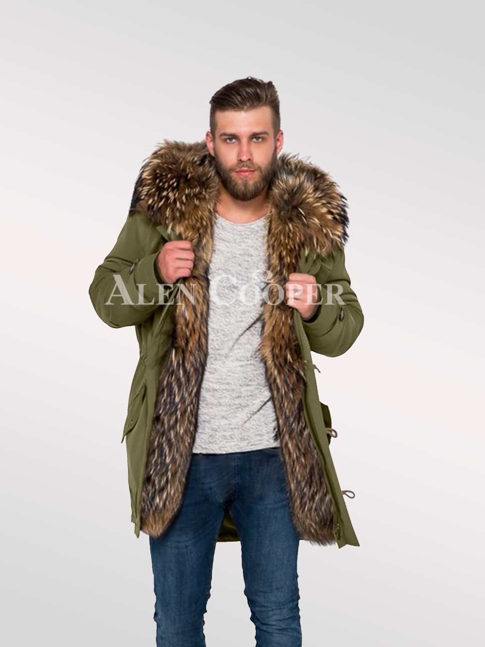 Men’s hybrid Green Finn raccoon fur parka convertibles for style and ...