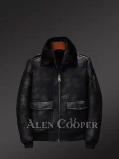 Distressed Black Aviator Style Flight Shearling Jacket