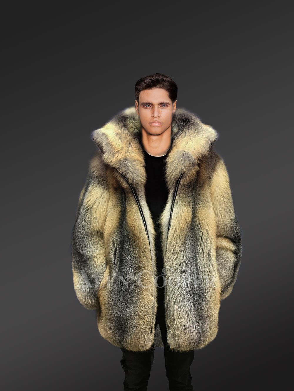Mens Golden Island Full Length Feathered Fox Fur Coat