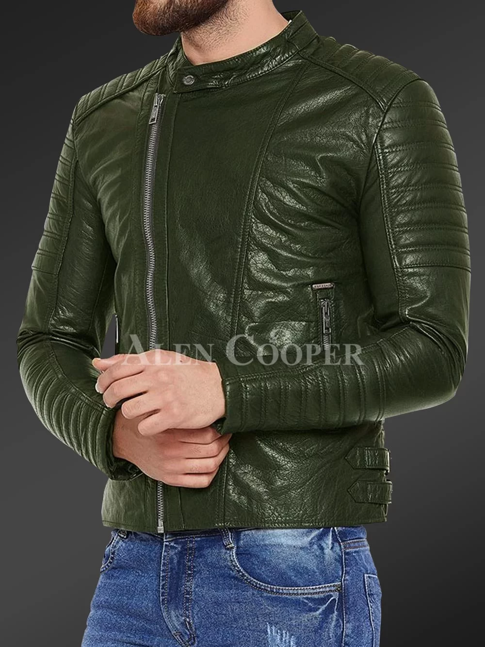 Leather Sleeve Jacket Men Olive
