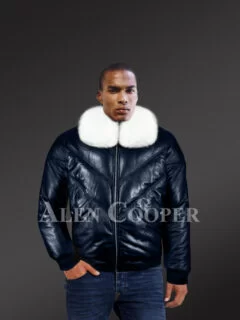 Men’s navy real leather vintage v bomber jacket with snow white real fox fur collar new model