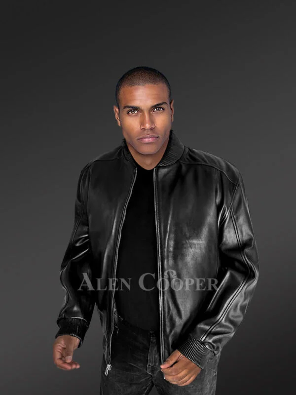 Stylish Black Leather Bomber Jacket for Men - Image 2