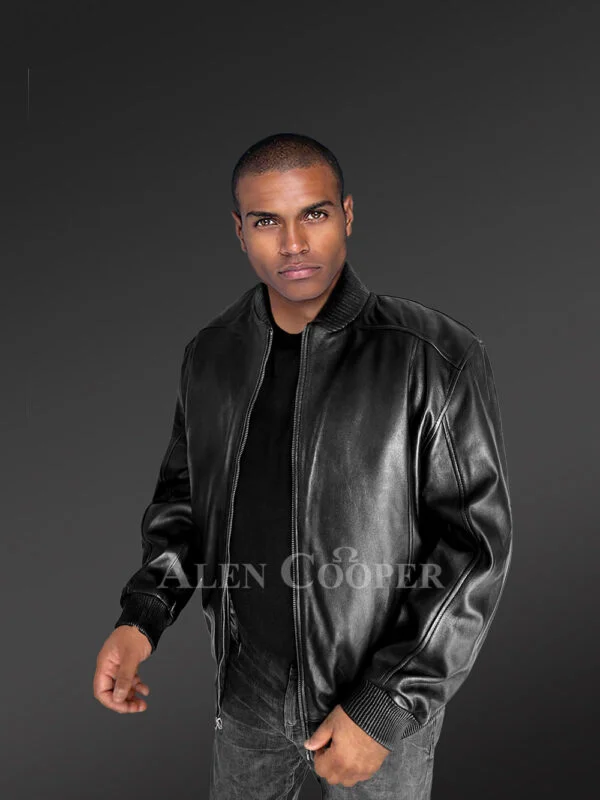 Stylish Black Leather Bomber Jacket for Men - Image 7