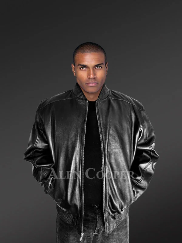 Stylish Black Leather Bomber Jacket for Men - Image 6