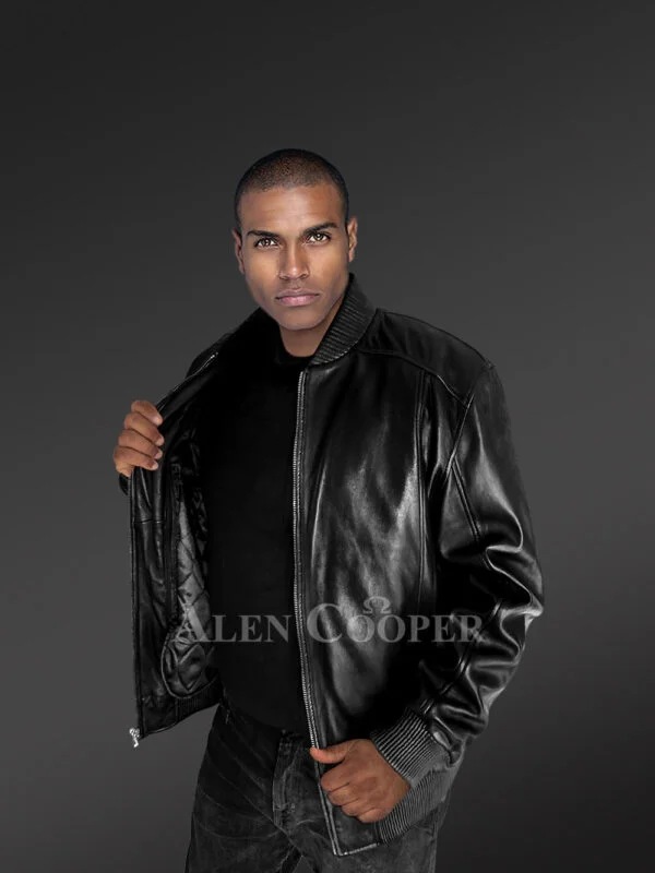 Stylish Black Leather Bomber Jacket for Men - Image 4