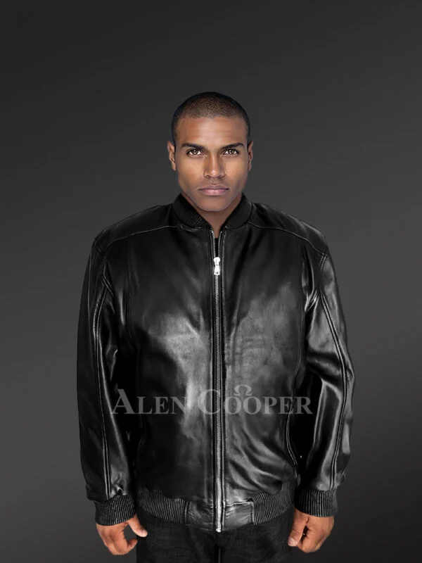 Stylish Black Leather Bomber Jacket for Men - Image 3