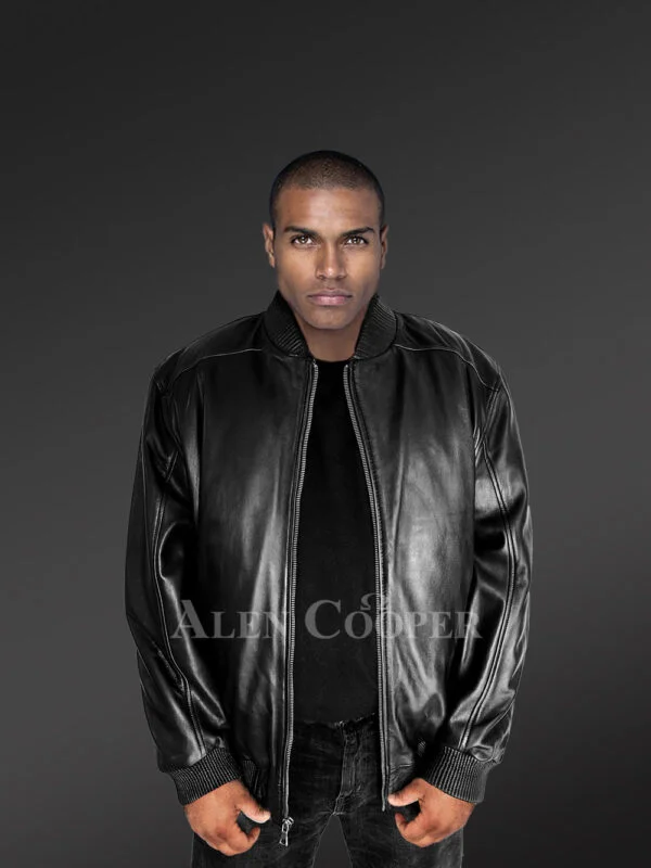 Stylish Black Leather Bomber Jacket for Men - Image 9