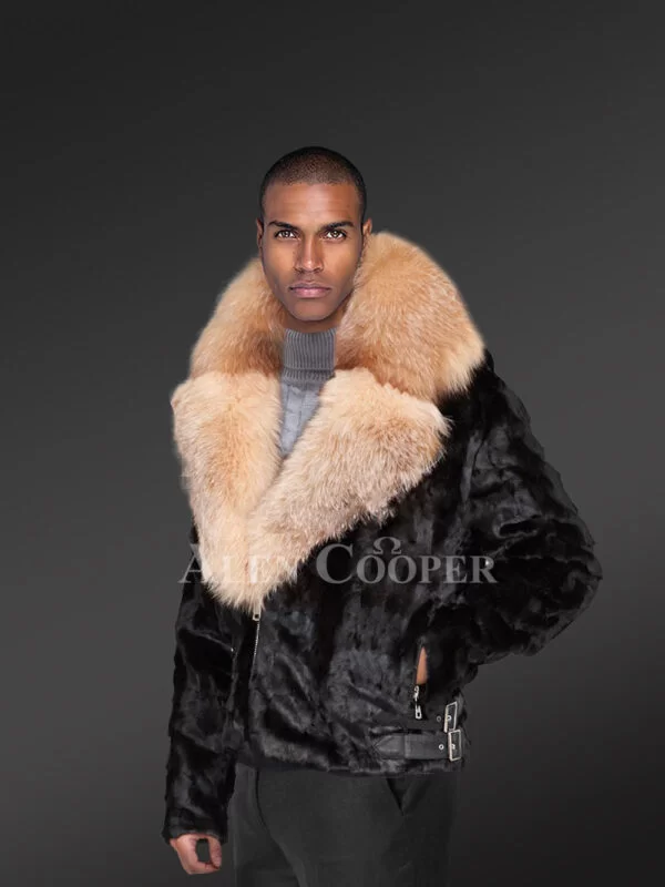 Mens Faux Mink Fur Lined Long Coat Mink Fur Collar Hooded Parkas Overcoat  Luxury