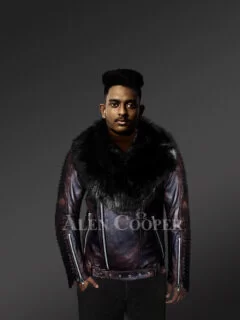 Chic and stylish men’s leather jackets in Coffee with pure Fox Fur collar