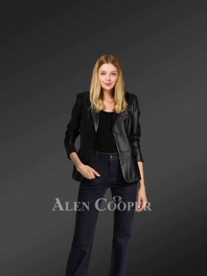 Ladies’ black leather blazer for greater charm and appeal view