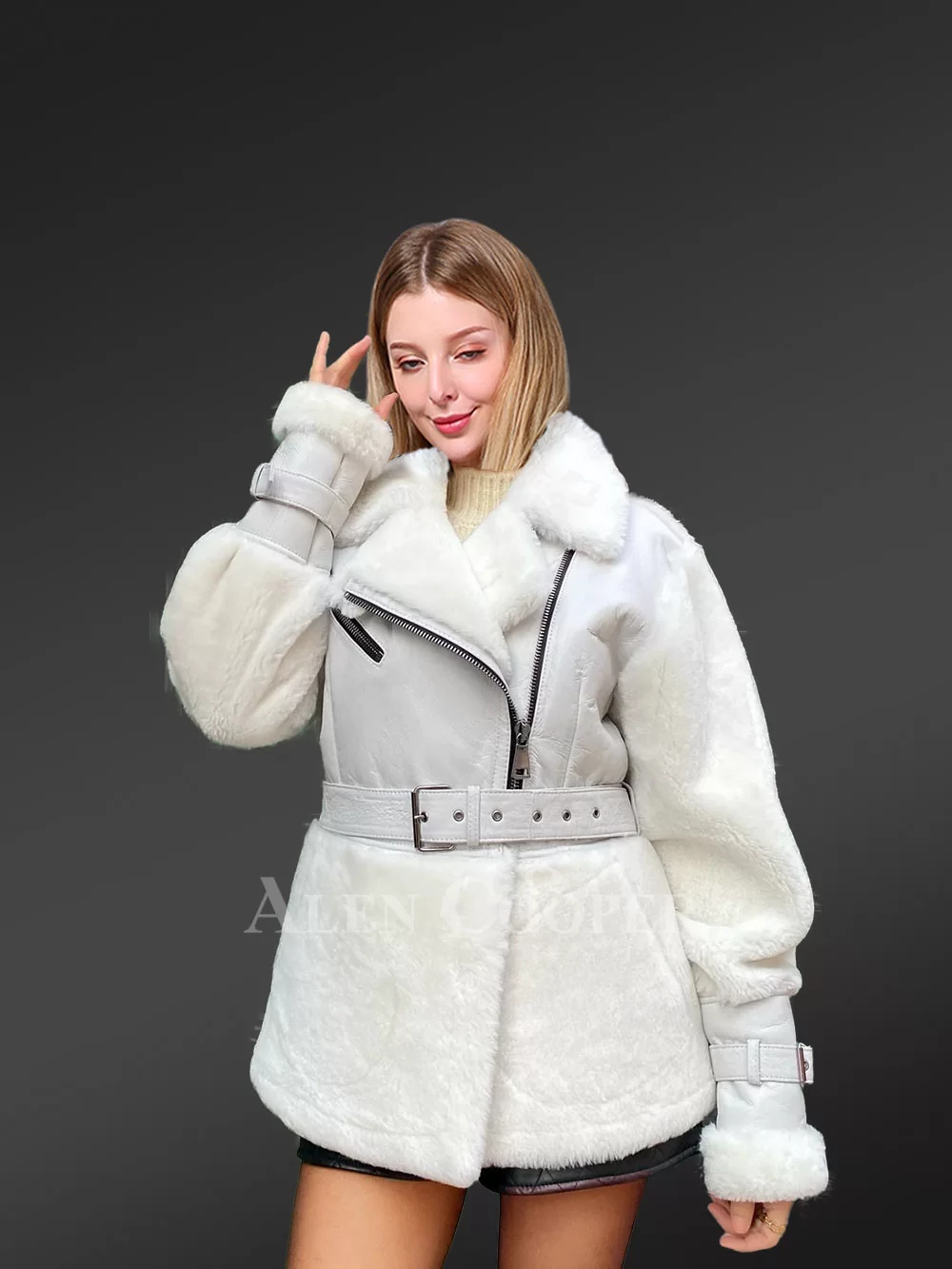 Sheepskin Military Jacket in White for Women