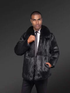 Men's black warm faux fur coat by FINCH, bespoke