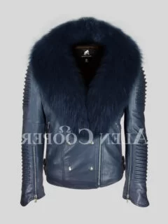 Men’s solid navy real leather winter biker jacket with navy fox fur collar
