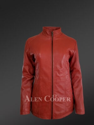 Mid-length Orange Leather Coat For Women