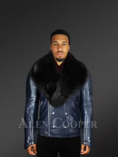 Navy Blue Biker Jacket with Black Fox Fur Collar