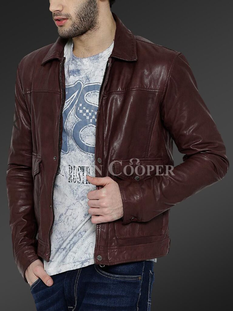 Real leather winter jacket with traditional snap pockets for men