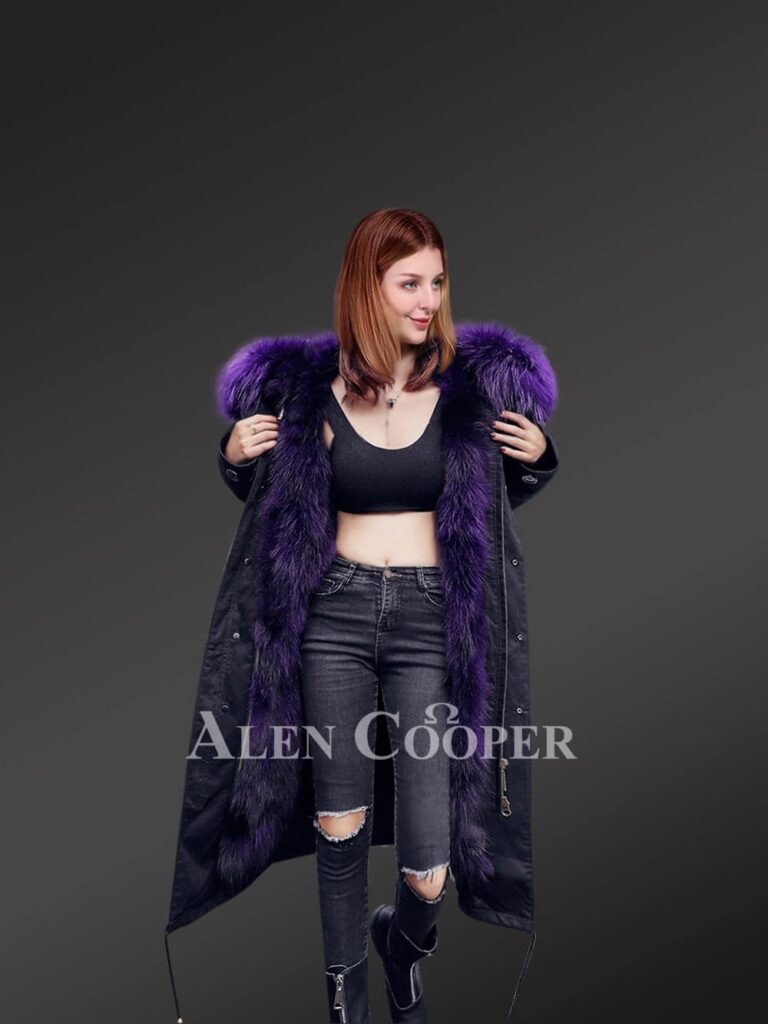 Stunning long black parka with voluminous purple hood for women