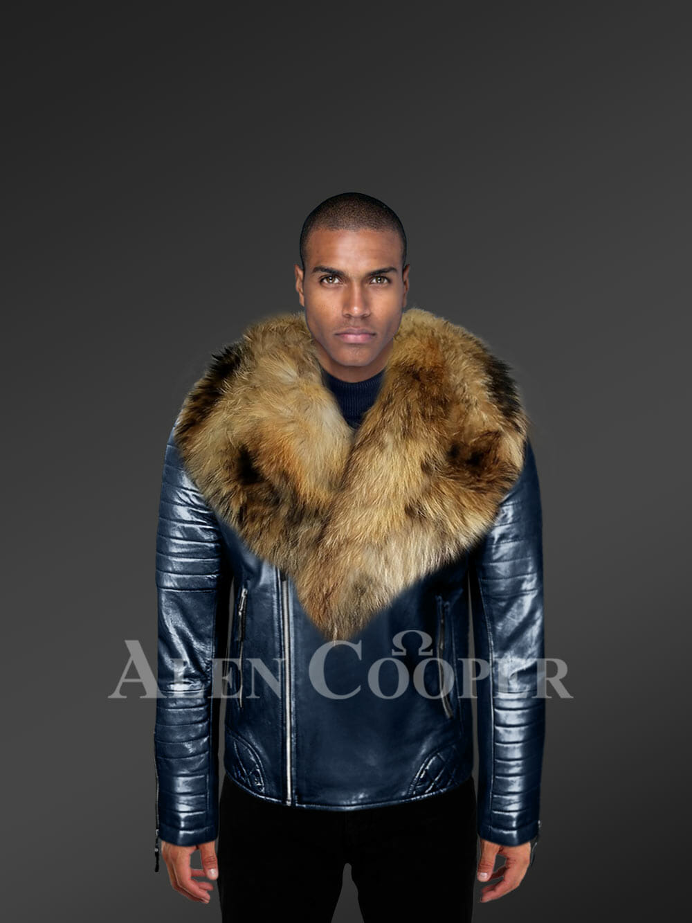 stylish real leather winter biker jacket with raccoon fur collar for men