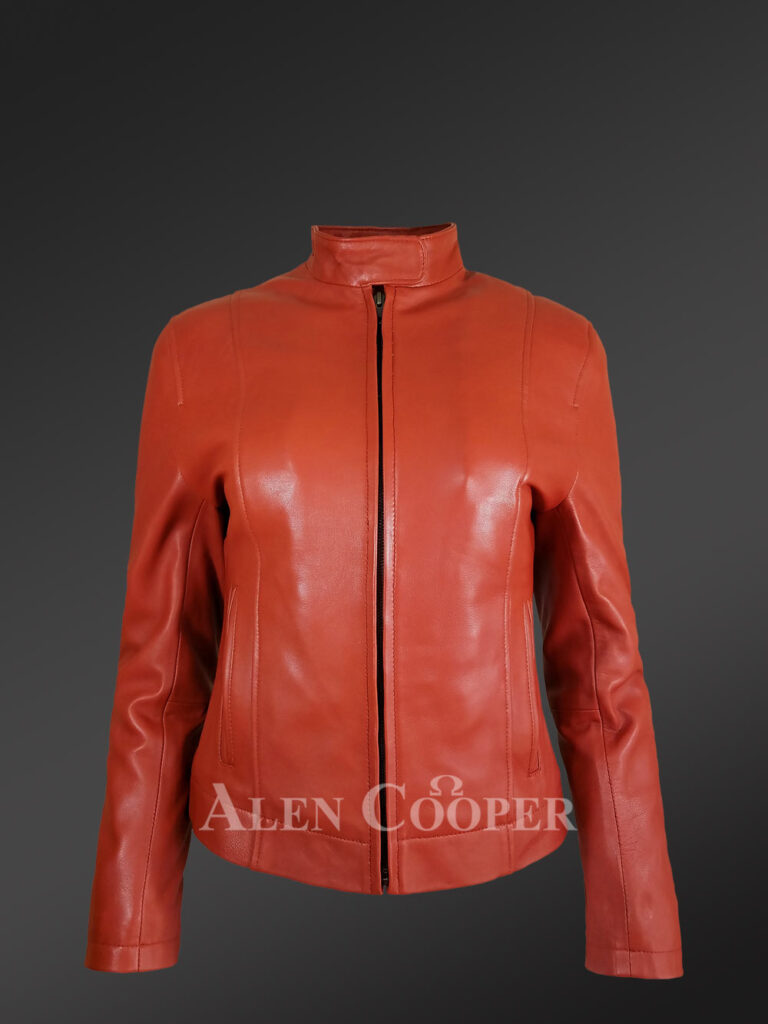 Women’s Classic Leather Biker Jacket with Cross Pockets