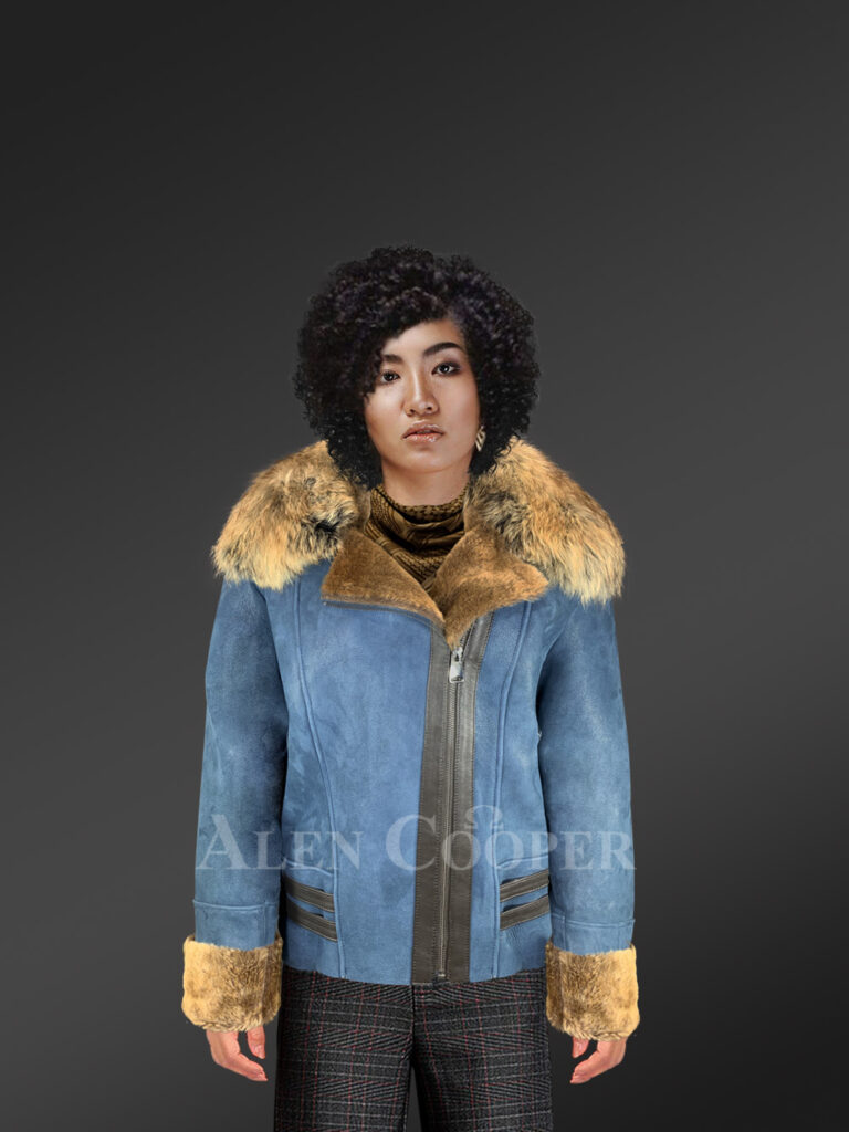 Women’s Merino Shearling Motorcycle Biker Jacket With Detachable Raccoon Fur Collar In Ice Blue