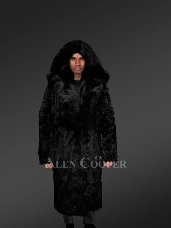 Full Length Black Rabbit Fur Coat with a Hood - Image 3