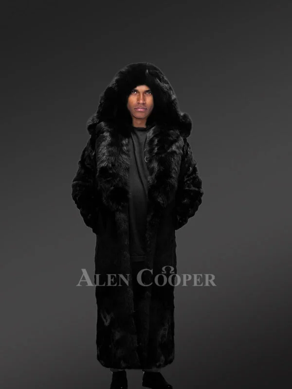 Full Length Black Rabbit Fur Coat with a Hood - Image 2