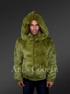 Alen Cooper Men’s Rabbit Fur Jacket with Fox Fur Collar in Black