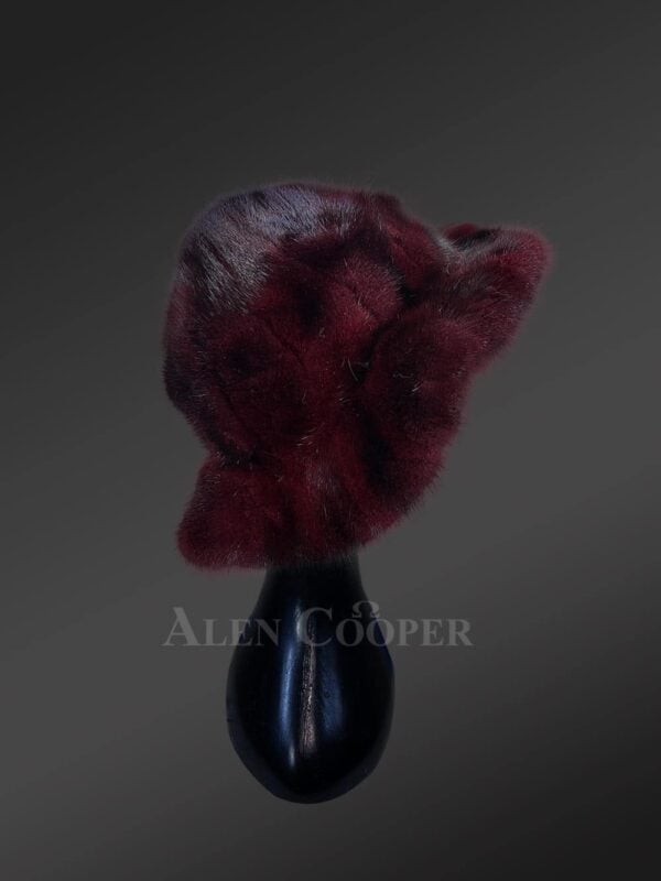 Mink Fur Cap in Burgundy for Women - Image 2