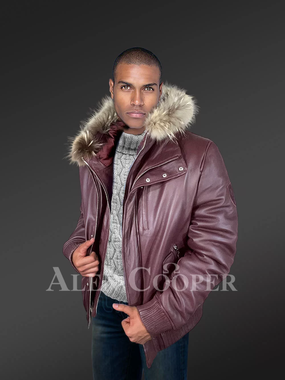 Men's Brown Leather Bomber Jacket with Hood