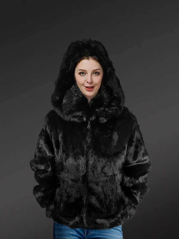 Women’s Authentic Rabbit Fur Bomber Jacket in Black