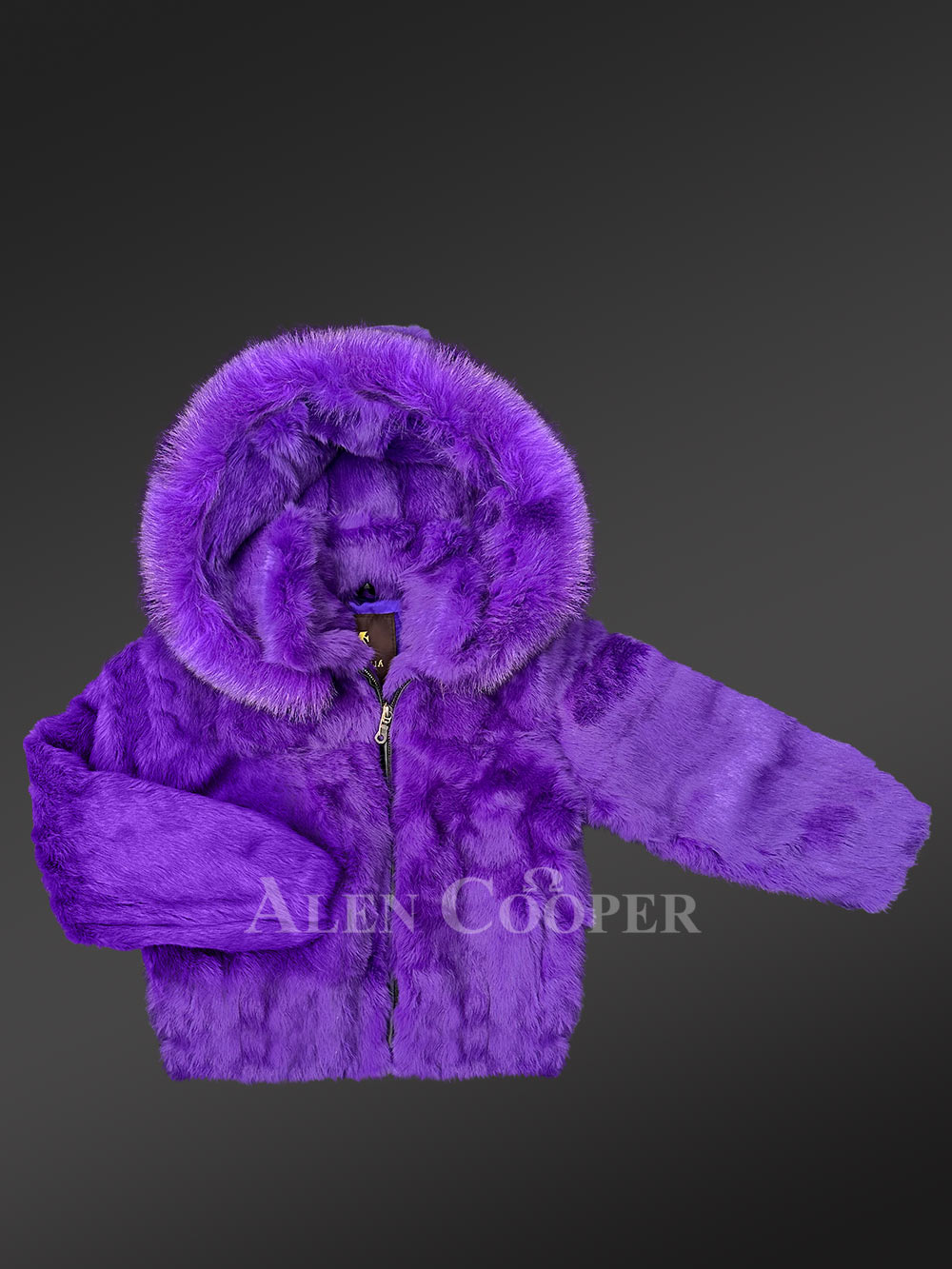 Purple Rabbit Fur Bomber Jacket with a Hood for Kids