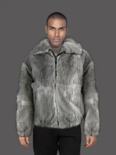 Lucas Crimson Rabbit Fur Bomber Jacket with Hood for Men: FurHatWorld