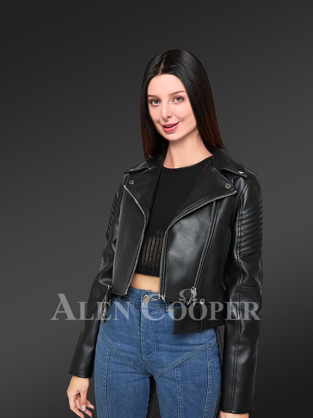 Crop Leather Biker Jacket For Women 7758