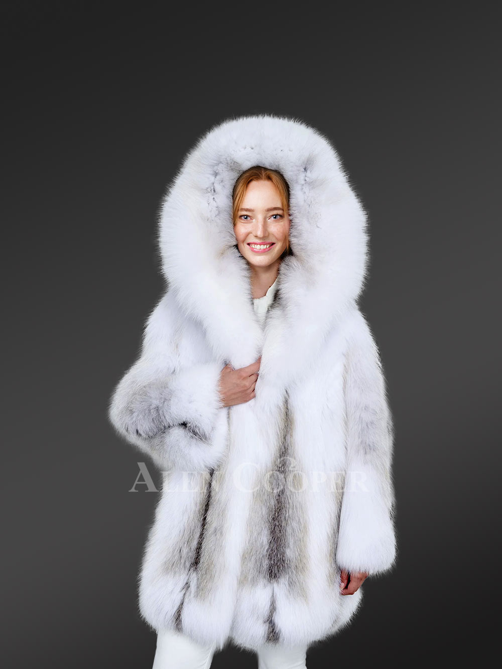 Fox Fur Long Coat with Hood for Women