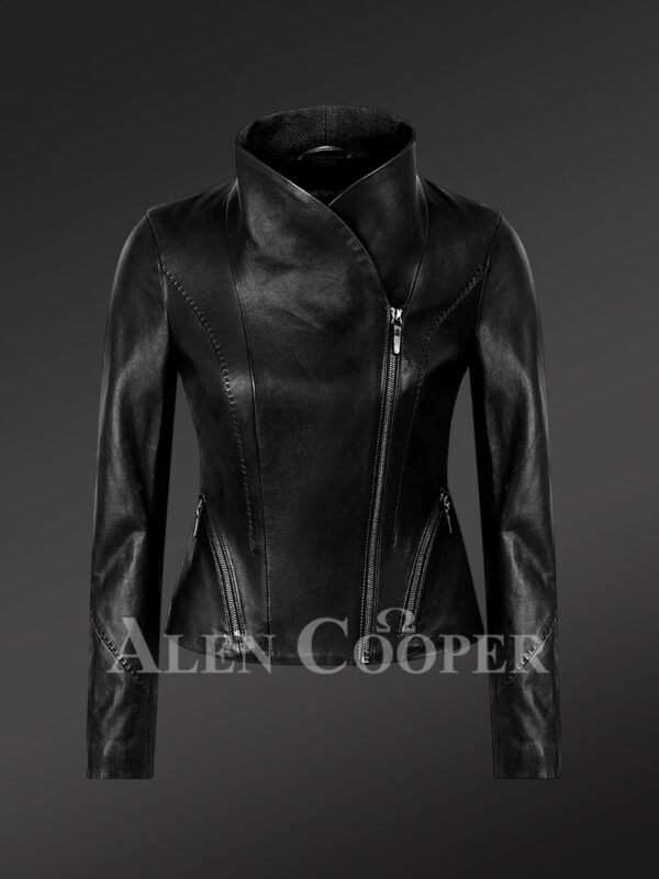 Women’s Zippered Biker Crop Jacket in Black - Image 6