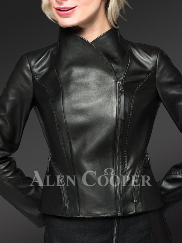 Women’s Zippered Biker Crop Jacket in Black - Image 4