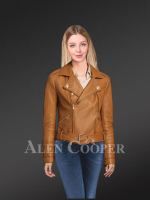 Real Leather Biker Jacket in Tan for Women