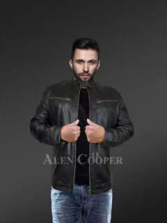 Leather Motorcycle Jacket with Band Collar for men