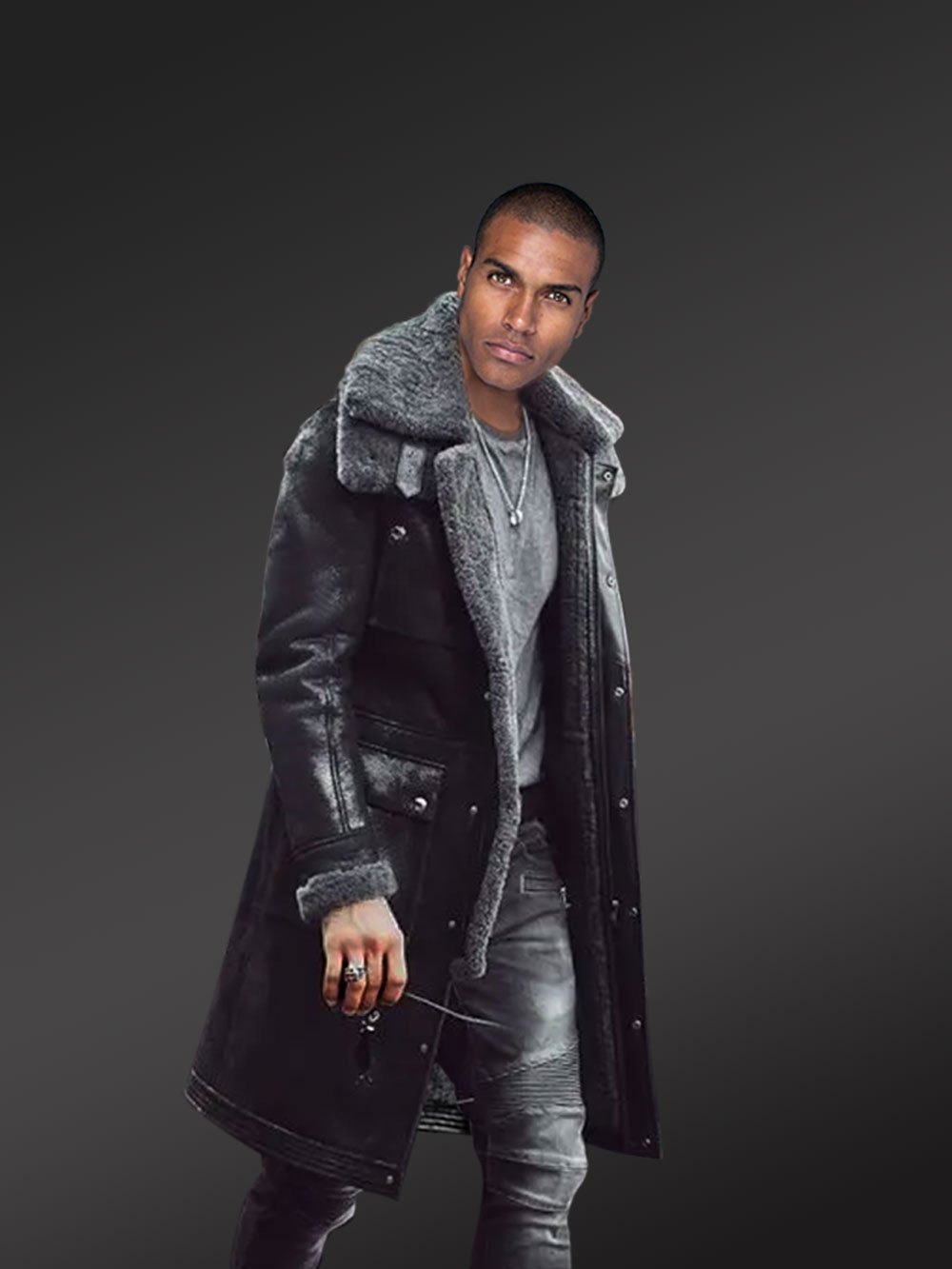 Luxurious Long Length Shearling Coat in Black for Men