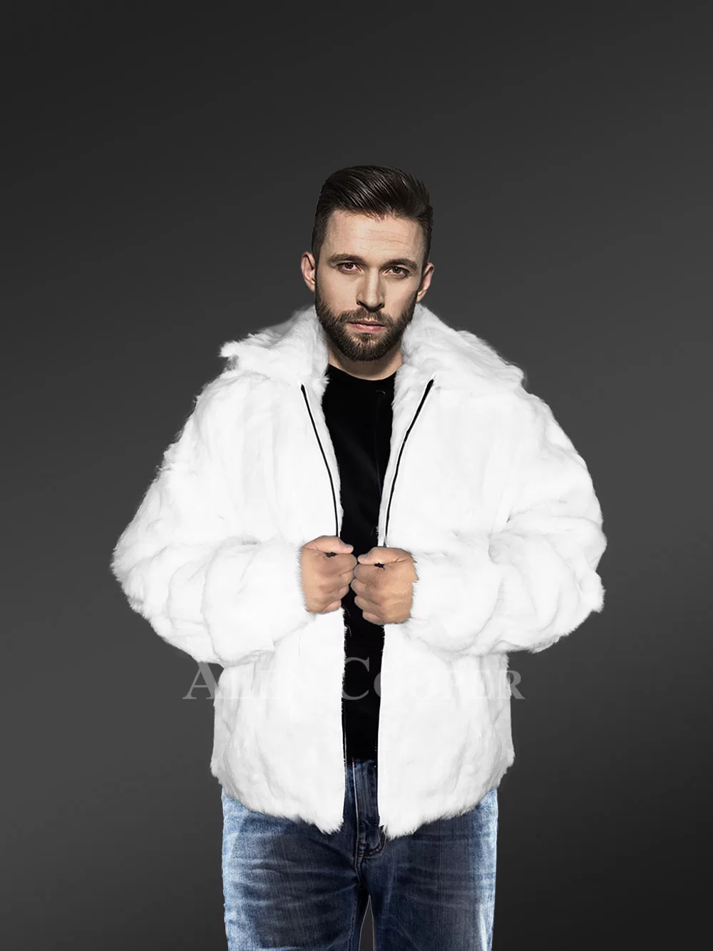 Men Rabbit Fur Coat in White