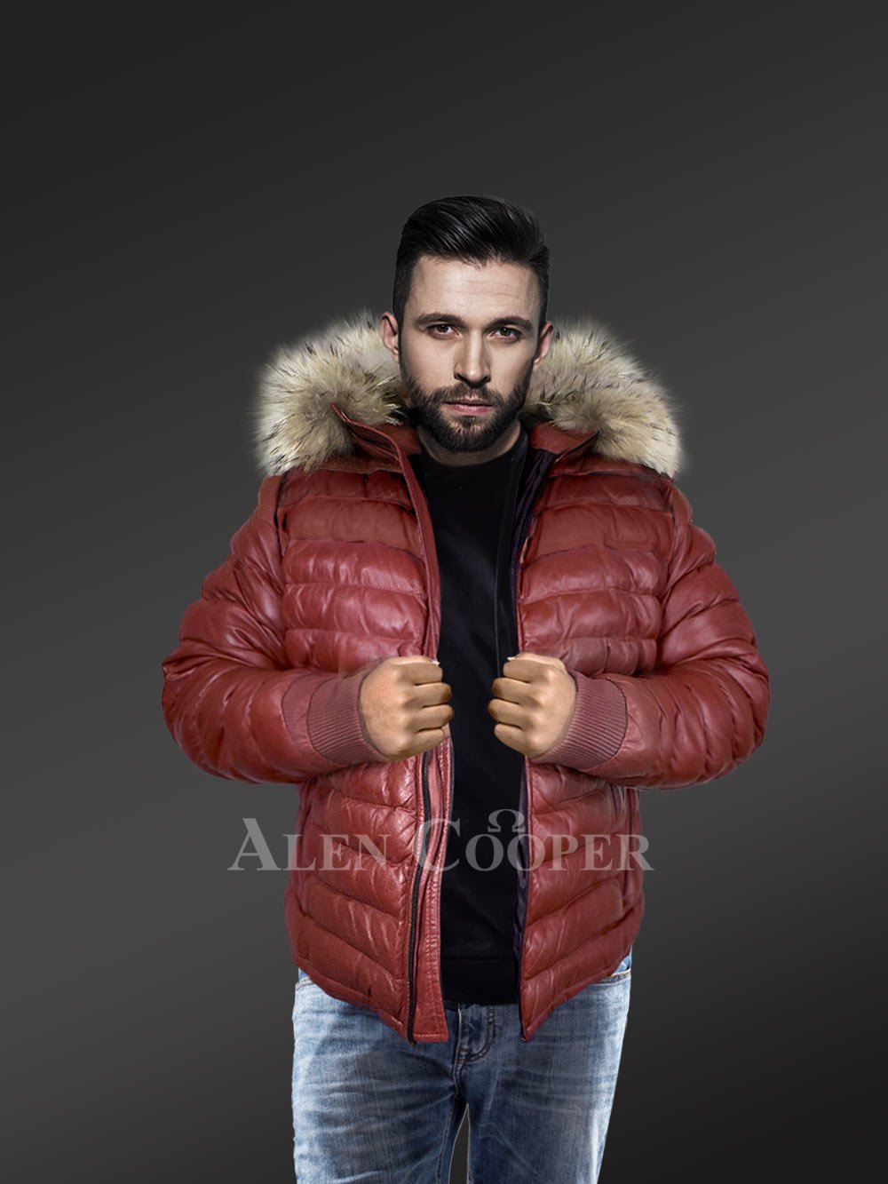 Puffer Leather Down Bomber with Raccoon Fur Hood