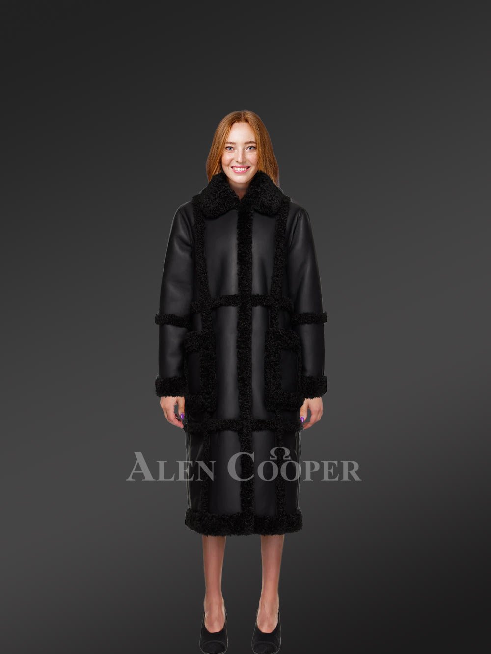 Women Shearling Classic long black Coats