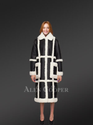 Women Shearling Classic long black White Coat