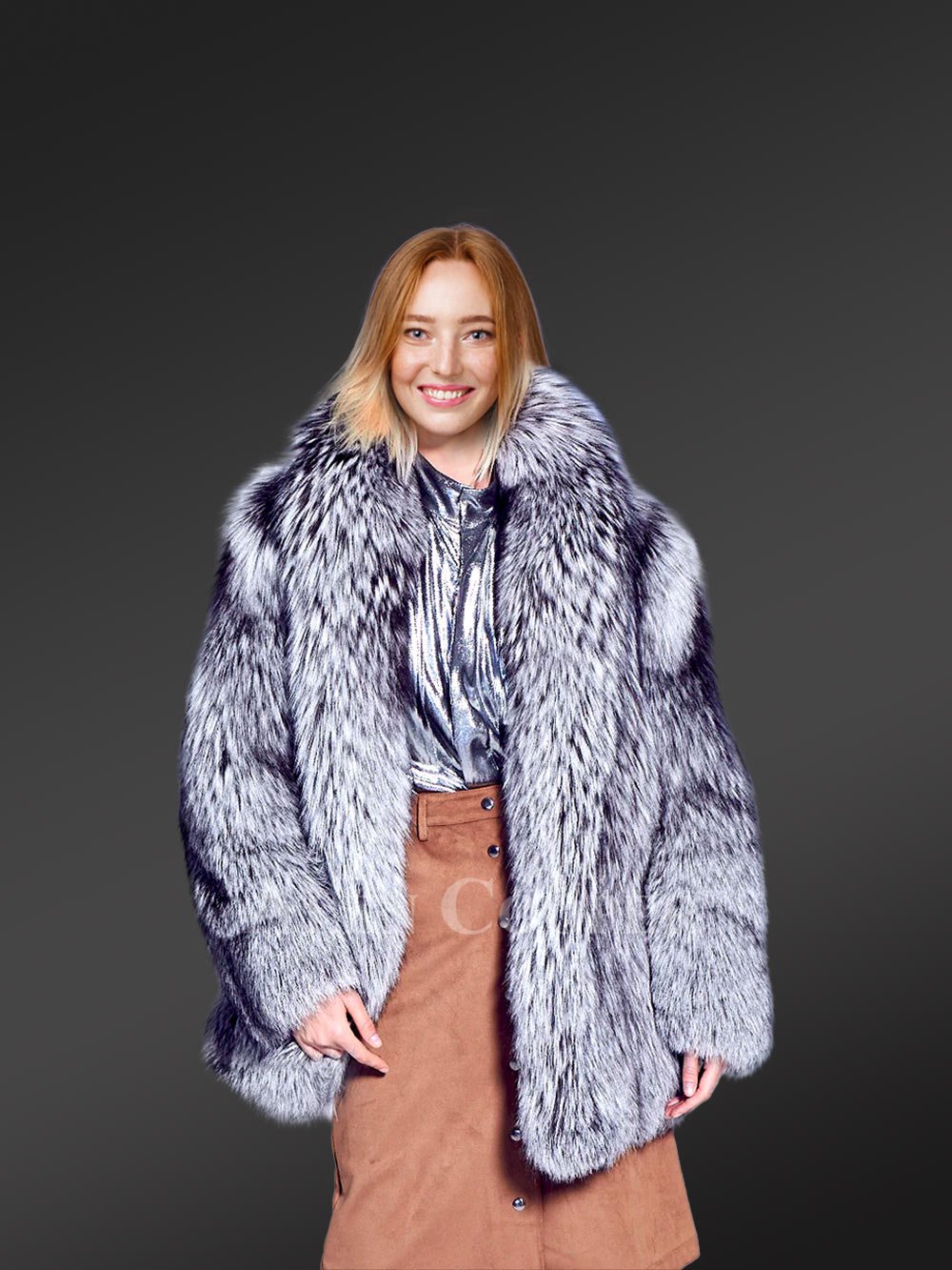 Women Mid Length Silver Fox Fur Coat